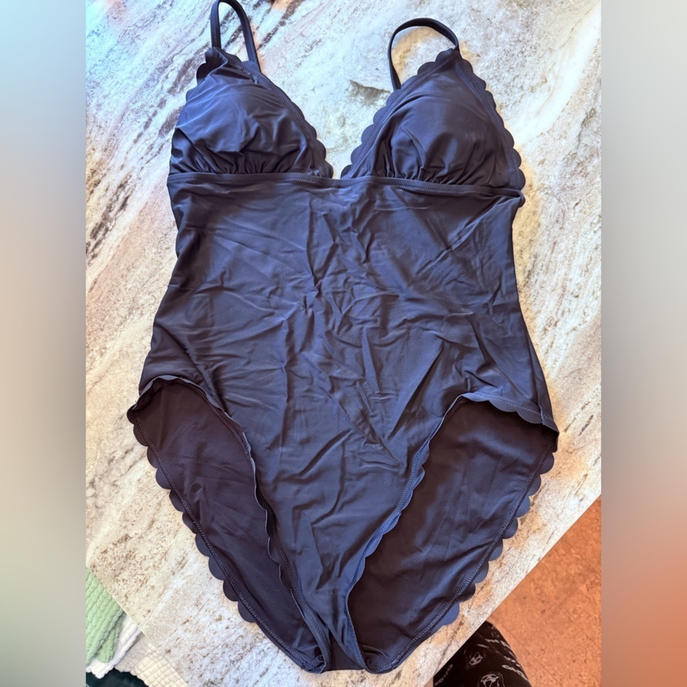 J. Crew Women’s Black Scalloped One Piece Swim Suit - Size Large